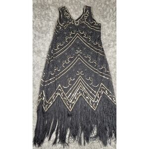 Fundaisy Dress Womens 2XL Black Gold Sequins Fringes Flapper Retro New Years